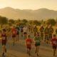 Runners and firefighters in full gear during solidarity race near Dalias, Almeria at sunset