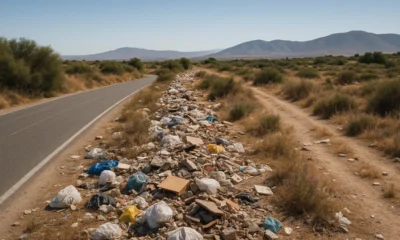 Illegal waste piles along roadside near Andarax ravine in Almeria under Mediterranean sunlight.