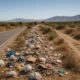 Illegal waste piles along roadside near Andarax ravine in Almeria under Mediterranean sunlight.