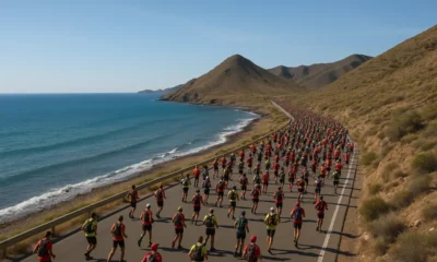 Hundreds of runners in La Desertica ultramarathon along Almeria Mediterranean coast.