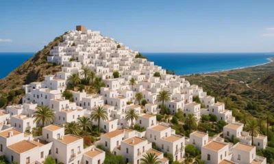 Panoramic view of Mojacar village and Mediterranean coast under natural light.