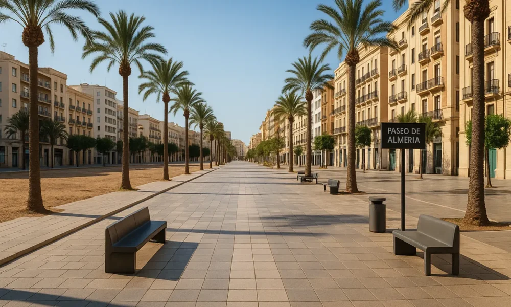 Empty Paseo de Almeria sidewalk with palm trees and buildings under clear Mediterranean sky