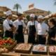 Local market scene in Roquetas de Mar with fresh produce and chefs preparing ingredients outdoors