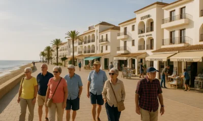 Seniors strolling along the beachfront promenade in Roquetas de Mar near local hotels