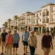 Seniors strolling along the beachfront promenade in Roquetas de Mar near local hotels