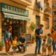 Families outside Serendipia toy shop on Avenida García Lorca in Almería celebrating its anniversary