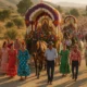 Traditional Romería procession with decorated carrozas and horses in Vera, Almeria.