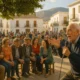 Outdoor trovo poetry event in Vícar with locals enjoying traditional performance in a village plaza.