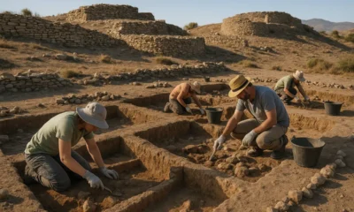 Volunteers excavating at Los Millares archaeological site near Almeria under morning Mediterranean light