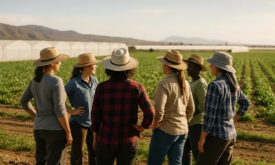 Women farmers gathered in an agricultural field near Almeria under natural Mediterranean light.