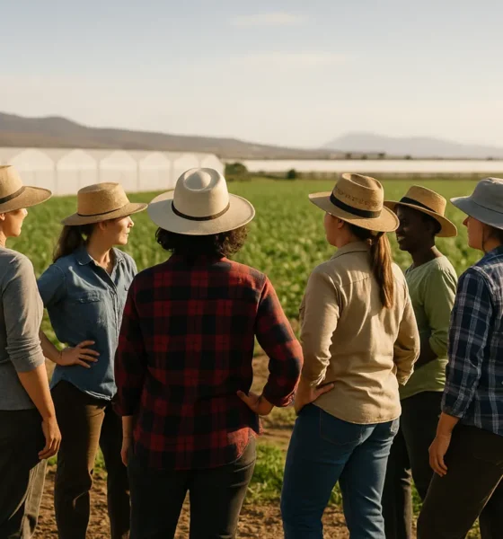 Women farmers gathered in an agricultural field near Almeria under natural Mediterranean light.