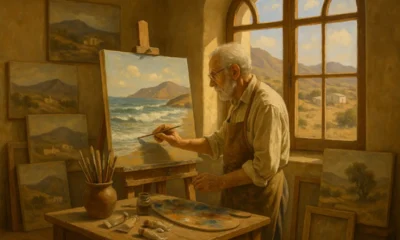 Artist painting Almeria coastal landscape in traditional studio with natural light