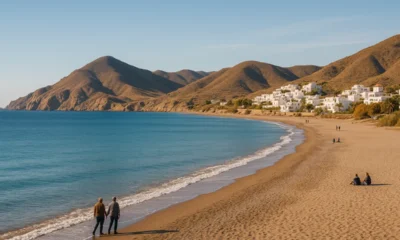 Almeria's Mediterranean coastline with beaches and hills under autumn sunlight