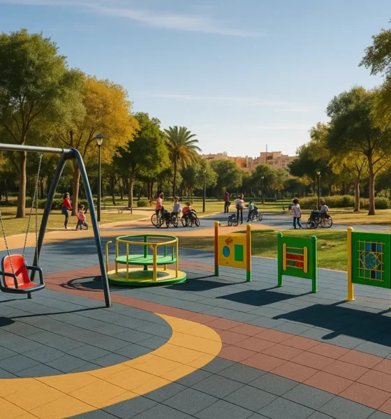 Inclusive playground with accessible play equipment and families in Parque de los Periodistas, Almeria.