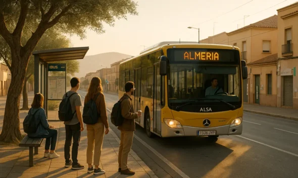 Morning M-102 bus arriving at a quiet Almería city bus stop with few commuters waiting.