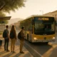 Morning M-102 bus arriving at a quiet Almería city bus stop with few commuters waiting.