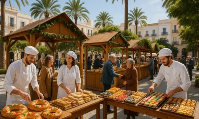 Open-air market in Almeria showing stalls with Roscon de Reyes pastries and festive sweets under natural Mediterranean l