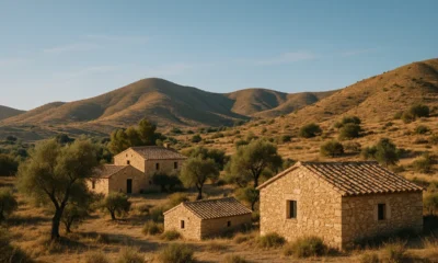 Traditional rural houses in Almeria's countryside under October sunlight and clear blue skies.