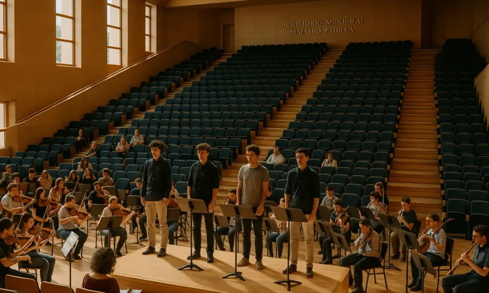 Four young conductors and orchestra prepare at Auditorio Maestro Padilla, Almeria, before final competition