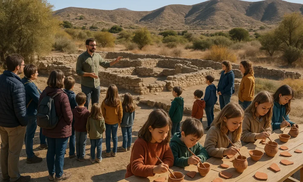 Families enjoying guided tours and pottery workshops at Ciavieja Archaeological Site in autumn