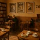 Interior of Cyrano Café in Almería with cakes, coffee, bookshelves, and film posters.
