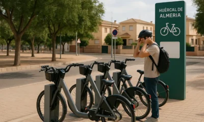 Electric bike sharing station in Huércal de Almería with bikes and local surroundings