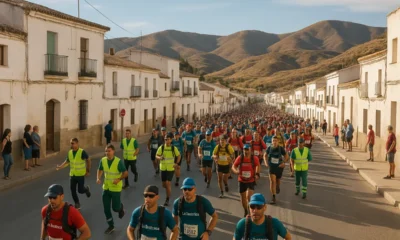 Runners in La Desértica race passing through a sunlit Almeria town street with arid hills.