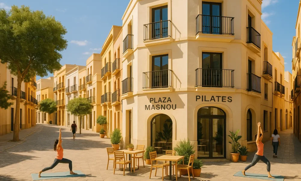 Plaza Masnou in Almeria featuring the new Pilates Club Amar in Las Cuatro Calles on a sunny day