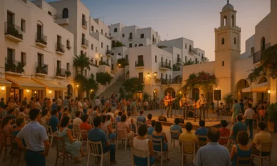 Evening music festival in Pueblo Indalo, Mojácar with whitewashed buildings and Moorish minaret
