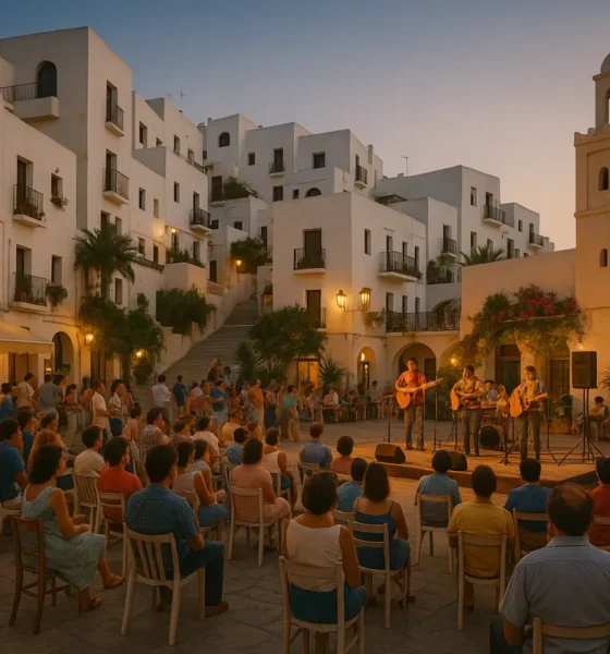 Evening music festival in Pueblo Indalo, Mojácar with whitewashed buildings and Moorish minaret