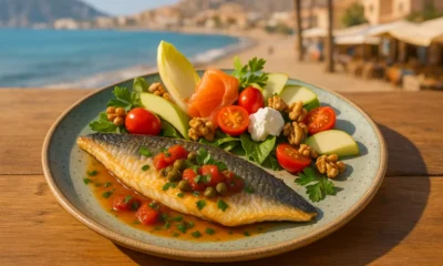 Seabass with caper and tomato sauce and a fresh salad on a rustic table in Almeria.