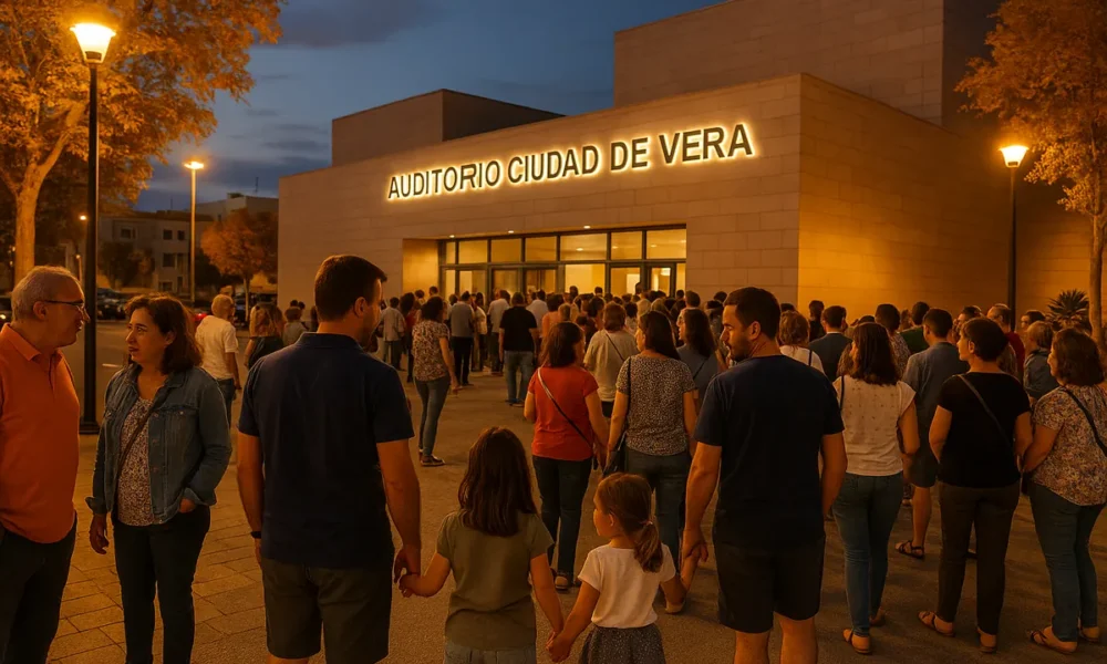 Families and locals arriving for free Disney orchestral concert at Vera Auditorium at dusk