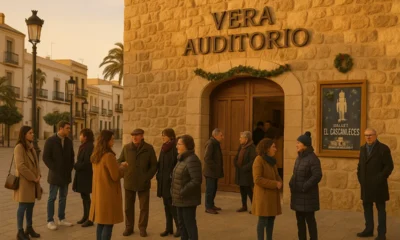 Locals gathering outside Vera Auditorium before the Nutcracker ballet in Almeria province.