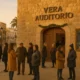 Locals gathering outside Vera Auditorium before the Nutcracker ballet in Almeria province.