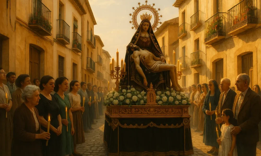 Crowd in Vera's Plaza Mayor during Virgen de las Angustias centenary procession at dusk