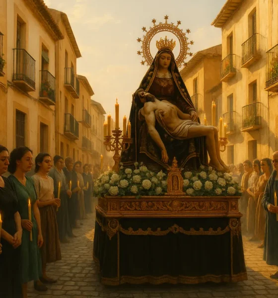 Crowd in Vera's Plaza Mayor during Virgen de las Angustias centenary procession at dusk